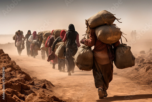 migration crisis, people walking with their heavy loads.