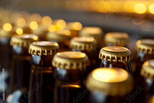 closeup of a row of golden cap bottles moving