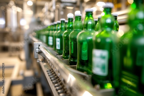 green bottles being labeled by machine on belt