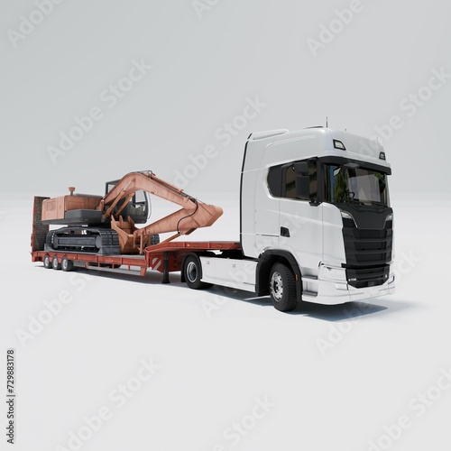 Semi Truck with Lowboy Platform Trailer 3D rendering on white background carrying an Excavator  