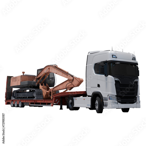 Semi Truck with Lowboy Platform Trailer 3D rendering on white background carrying an Excavator 