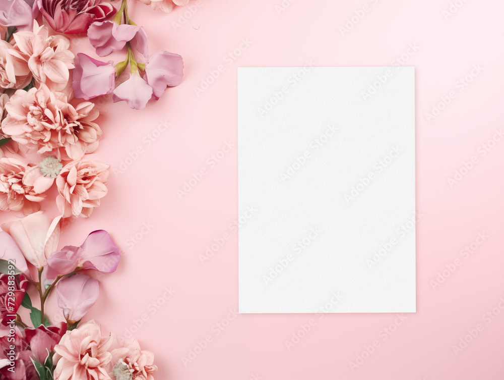 Blank wedding invitation card mockup with flowers and leaves on the pink background. Top view
