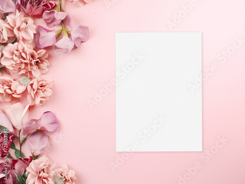 Blank wedding invitation card mockup with flowers and leaves on the pink background. Top view  © Millaly