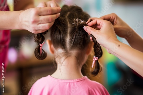 hairdressers hands tying up pigtails on little girl