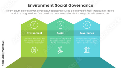 esg environmental social and governance infographic 3 point stage template with big shape arrow header top direction for slide presentation