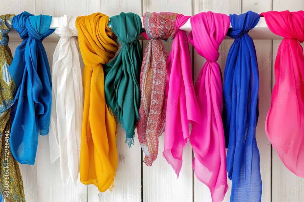 colorful scarves neatly draped over a white wooden rack