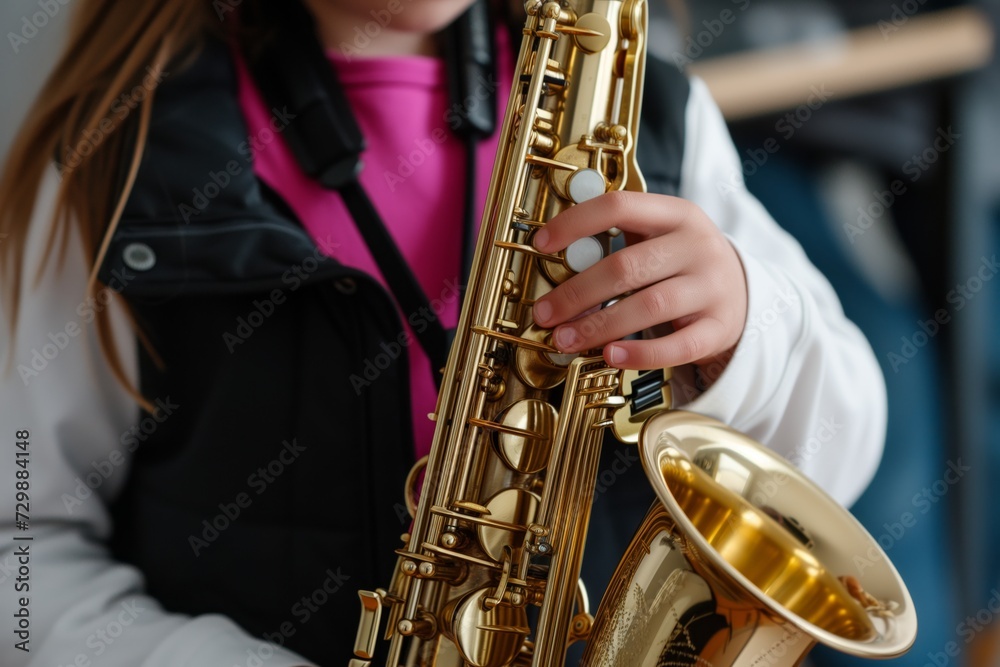 Naklejka premium preteen with saxophone, fingers on the keys