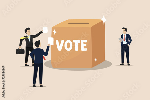 Voting, poll or employee feedback questionnaire, opinion or democracy, politic choice, referendum concept, diverse people hold voting paper checkmark putting in vote box.
