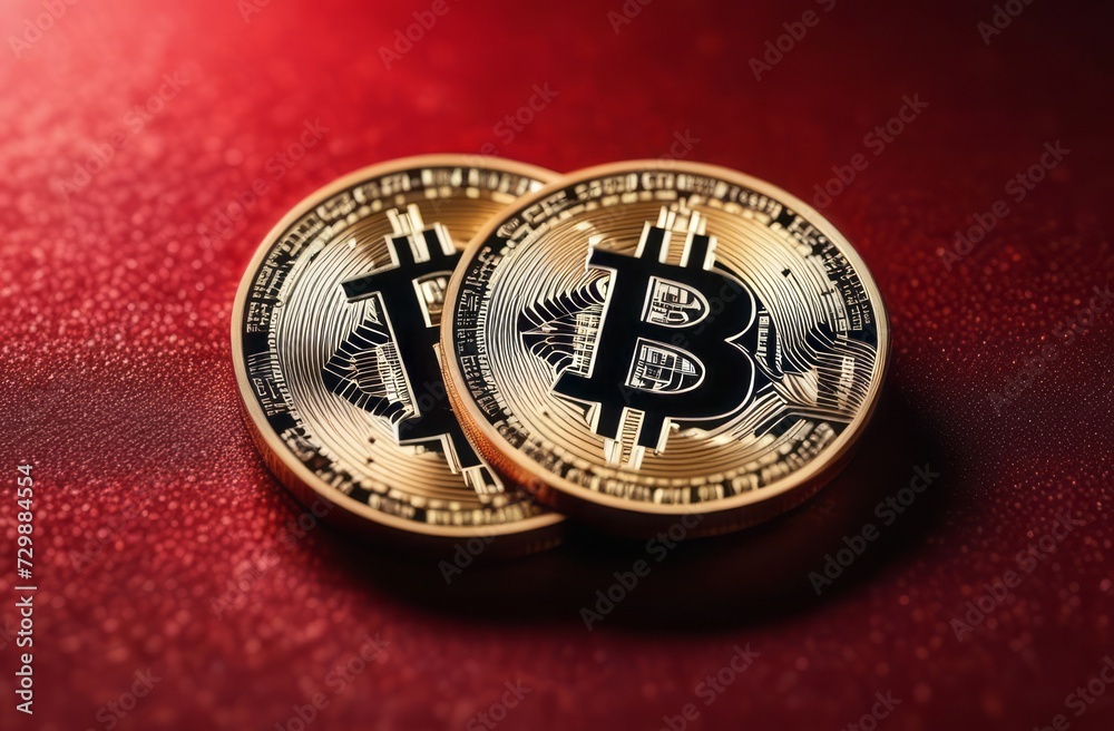 Bitcoin coin with red hearts on the red background, love, Bitcoin physical coin on red hearts for fans of cryptocurrencies. Love of money, electronic money concept