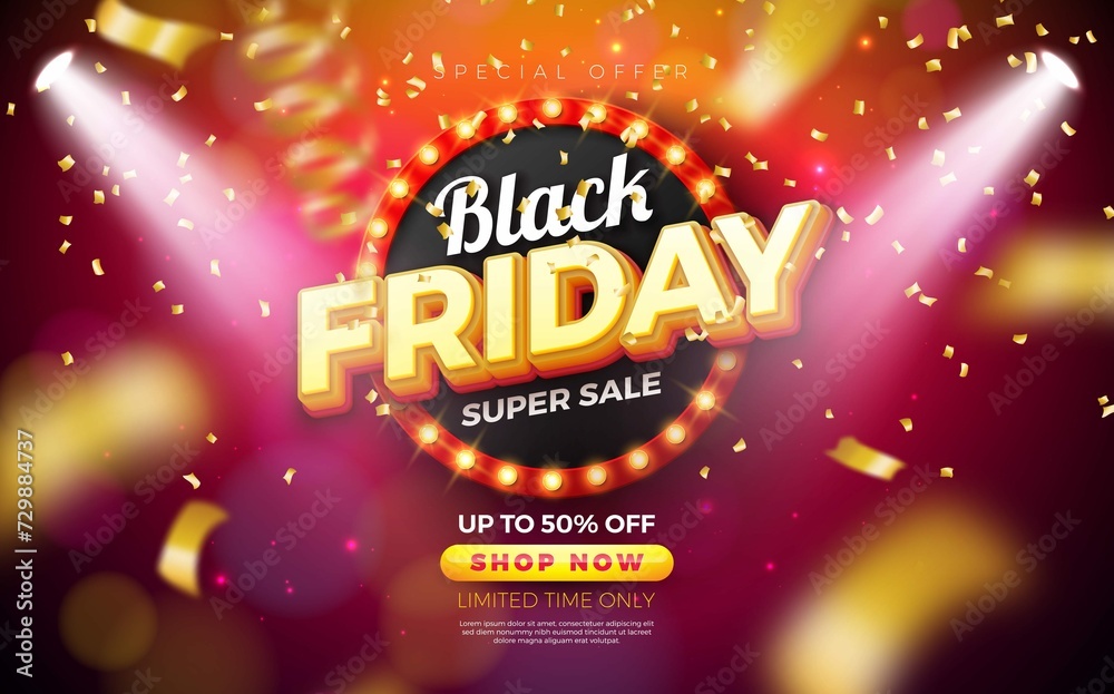 Black Friday Sale Illustration With Glowing Light Bulb Billboard Falling Confetti