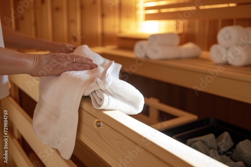 person folding a towel on a wooden rail in a sauna