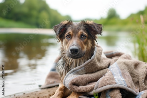 wet mixedbreed dog snug in a towel on a riverbank after swimming photo