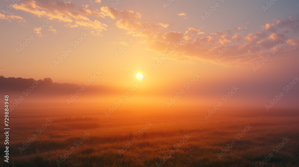 Sonnenaufgang oder Sonnenuntergang mit Morgenrot oder Abendrot leichter Nebel ein paar Wolken ein schönes Landschaftsfoto