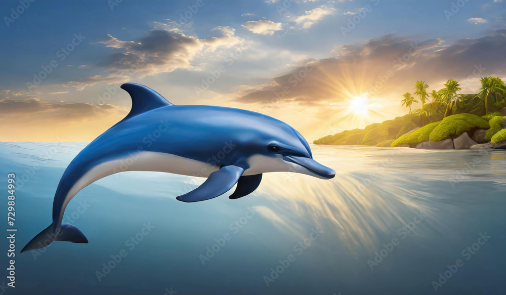 Fototapeta premium playful dolphin leaps out of the water at sunset, dolphin's body is arched in a graceful jump, colorful sky from the dark blue ocean.