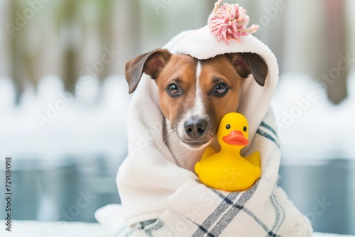 shivering dog in towel with rubber duck photo