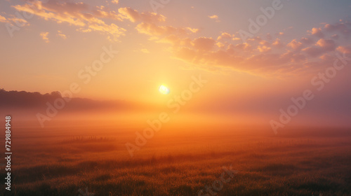 Sonnenaufgang oder Sonnenuntergang mit Morgenrot oder Abendrot leichter Nebel ein paar Wolken ein sch  nes Landschaftsfoto