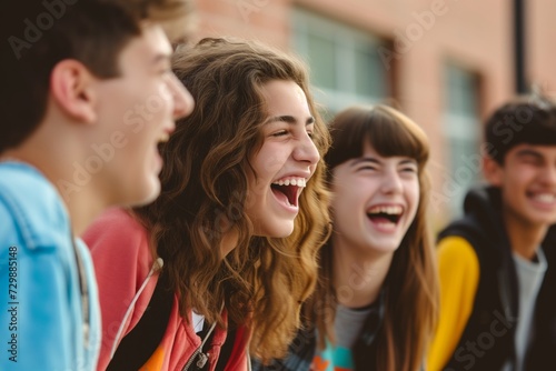 teen group laughing, one in motion turning head