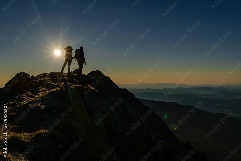 couple hiking on a ridge at midnight, sun visible