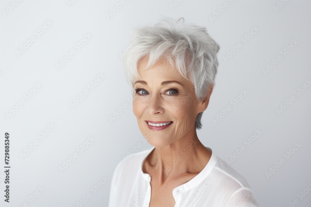 Portrait of a happy mature woman smiling at the camera, over grey background