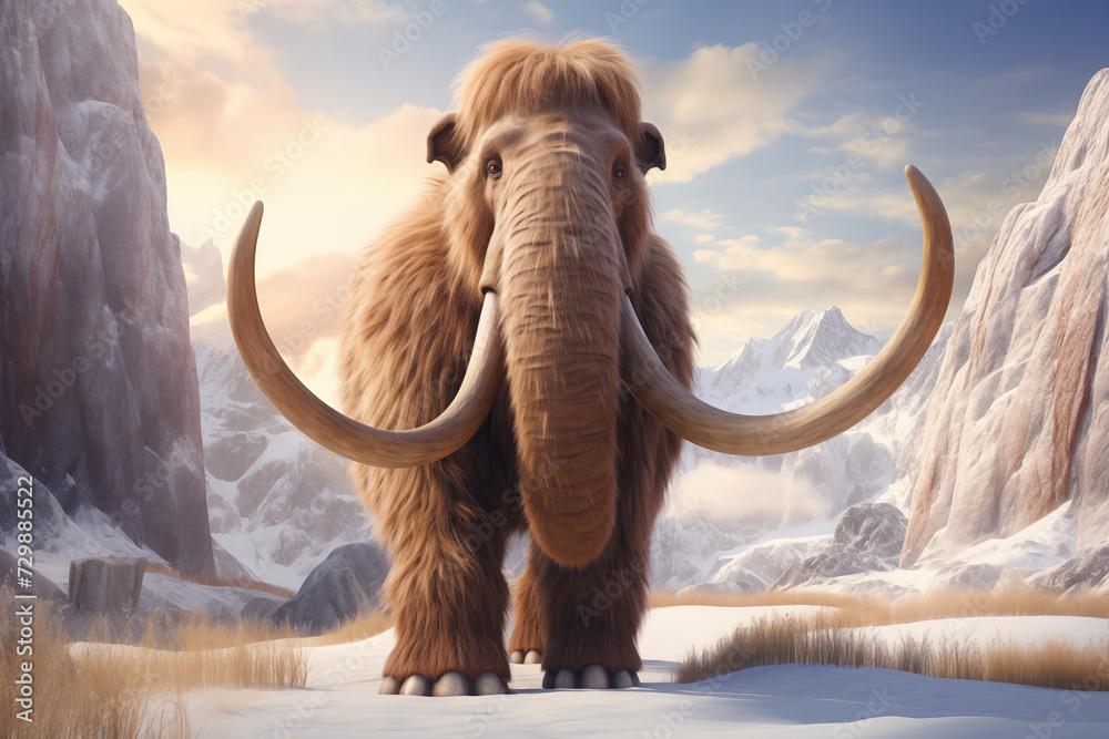 Woolly mammoth in a prehistoric winter landscape, cartoon illustration generated by AI
 - obrazy, fototapety, plakaty 