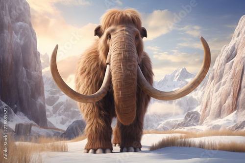 Woolly mammoth in a prehistoric winter landscape, cartoon illustration generated by AI
 photo