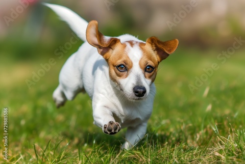 jack russells ears flapping as it sprints on grass photo