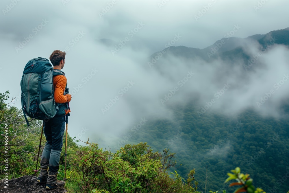 hiker looking at view from misty mountain top