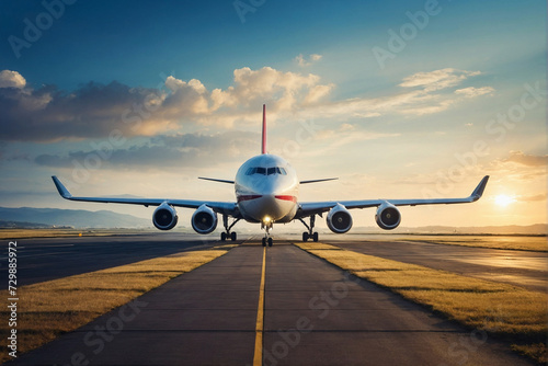 Airplane in the airport runway at sunset. Travel and transportation concept. photo