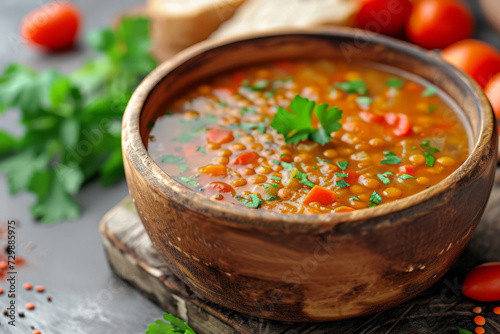 Lentil soup, a hearty and protein-packed alternative to meat-based soups. Concept of plant-based comfort foods. Generative Ai.