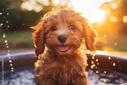 Playful and adorable cavapoo puppy enjoying a refreshing splash in the sunny weather photo