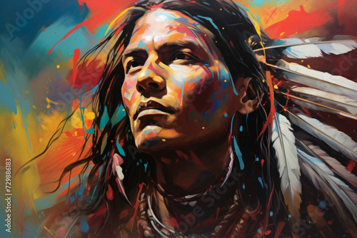 male native American, vibrant portrait, swirling color. man, a warrior in an ethnic costume with feathers. indian. colorful illustration.