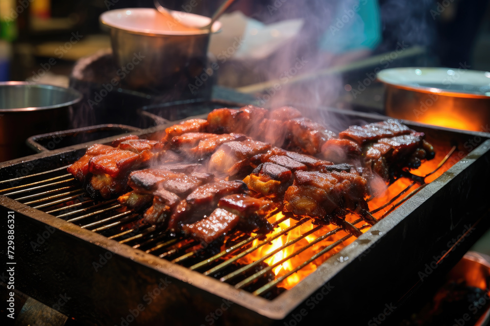 Street food in Night Market in stall selling Crispy Sparerib (Fried Pork Rib) in the night market, famous street food