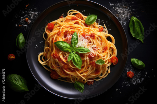 Tasty appetizing classic italian spaghetti pasta with tomato sauce  cheese parmesan and basil on plate on dark table. View from above  horizontal
