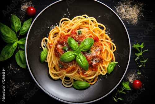 Tasty appetizing classic italian spaghetti pasta with tomato sauce, cheese parmesan and basil on plate on dark table. View from above, horizontal