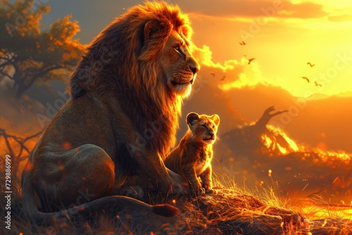 Lion King - A lion and a baby lion sitting together in a sunset scene, reminiscent of the popular animated movie The Lion King. Generative AI
