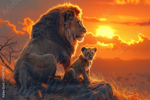 Sunset Lion and Cub Generative AI