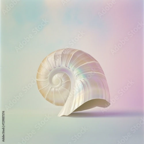 A beautiful nautilus shell against a pastel background emanates a soft rainbow glow, exuding charm