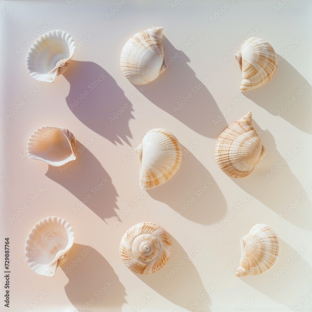 Artful arrangement of seashells casting long shadows, highlighting their textures on a light surface Artful arrangement of seashells casting long shadows, highlighting their textures on a light surface