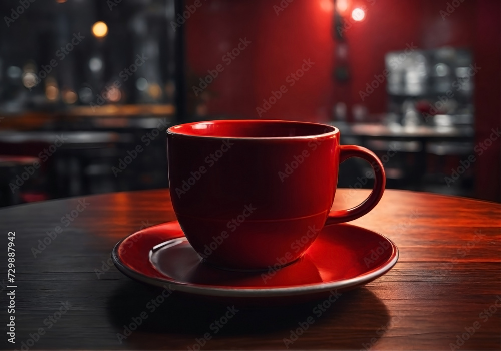 Obraz premium Red beautiful bright cup and saucer on wooden round table in cafe contrast raster image