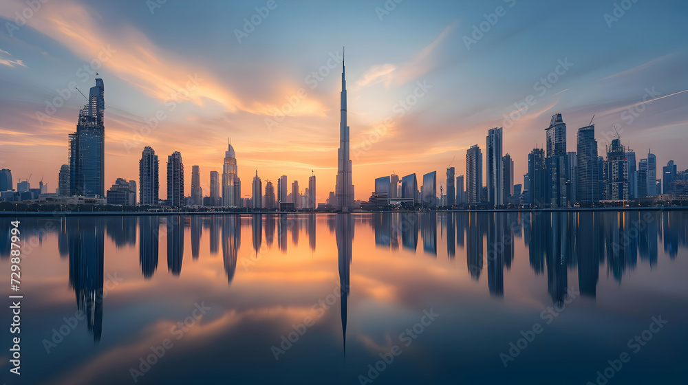 Panoramic skyline of Dubai and sea in sunset colors
