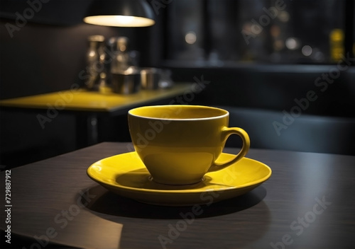 Yellow bright cup and saucer on wooden round table in cafe contrast raster image