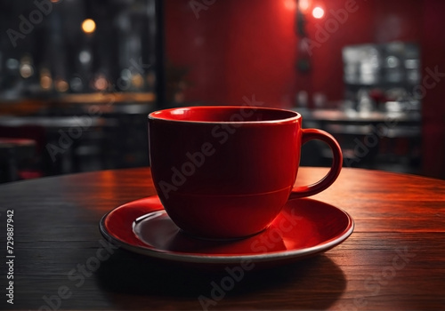 Red beautiful bright cup and saucer on wooden round table in cafe contrast raster image
