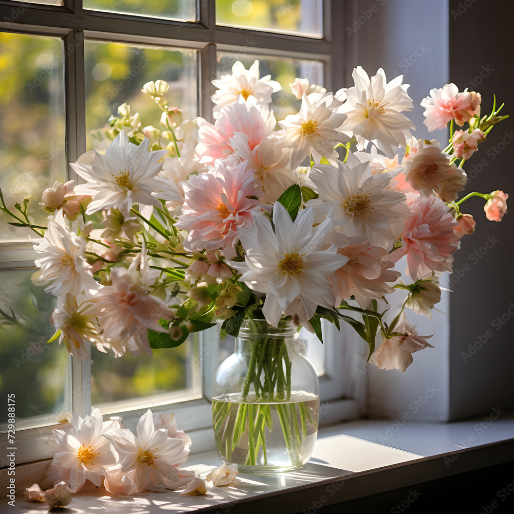 flowers in a vase against a blurred window background flowers in a vase against a blurred window background