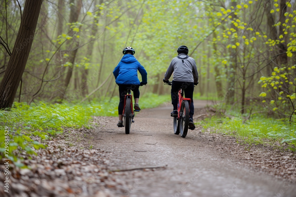 pair bicycling on a woodland trail