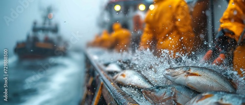 Fishing Boat And Freshly Caught Fish.  Illustration On The Theme Of Food, Resource Recovery, Ecology And Seafood. Generative AI	
