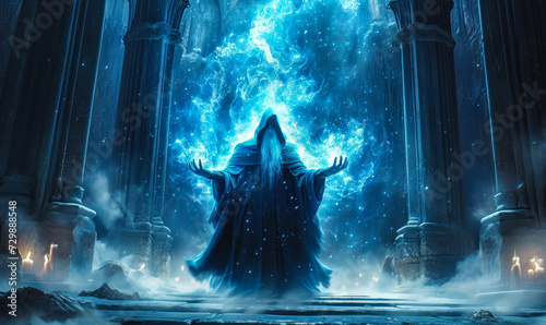 Photo Mystical ancient wizard conjuring blue magical energy from an arcane tome in a d