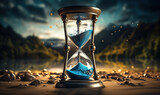Surreal hourglass with ocean waves trapped inside, symbolizing time, nature's cycles, environmental conservation, and the fleeting essence of life