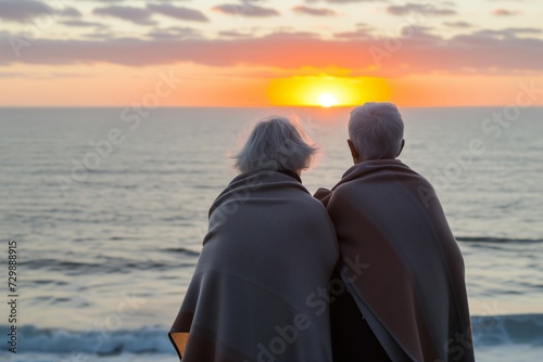 seniors wrapped in blanket, seaside sunrise, back view