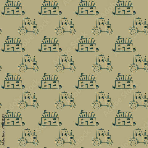 Farm House Tractor Village Pattern. Countryside background vector wallpaper in hand drawn style