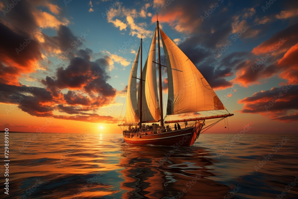Beautiful sailing yacht in the ocean , Cloudy sunset sky, incredible summer seascape